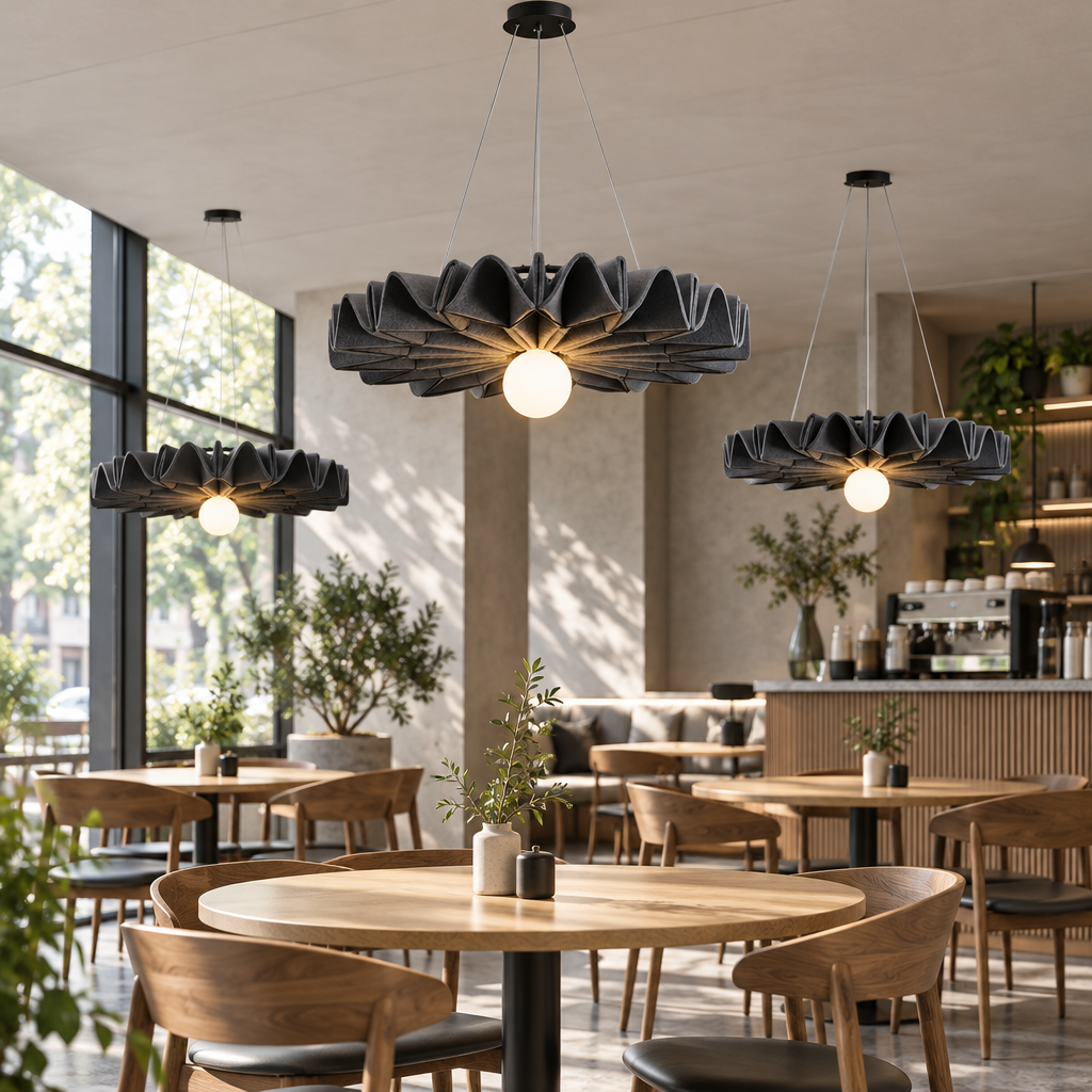 Acoustic felt pendant lights above cafe tables