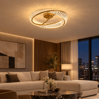 Gold Mobius crystal ring flush mount ceiling light on a living room ceiling