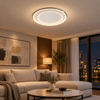 Round LED flush mount ceiling light on a living room ceiling