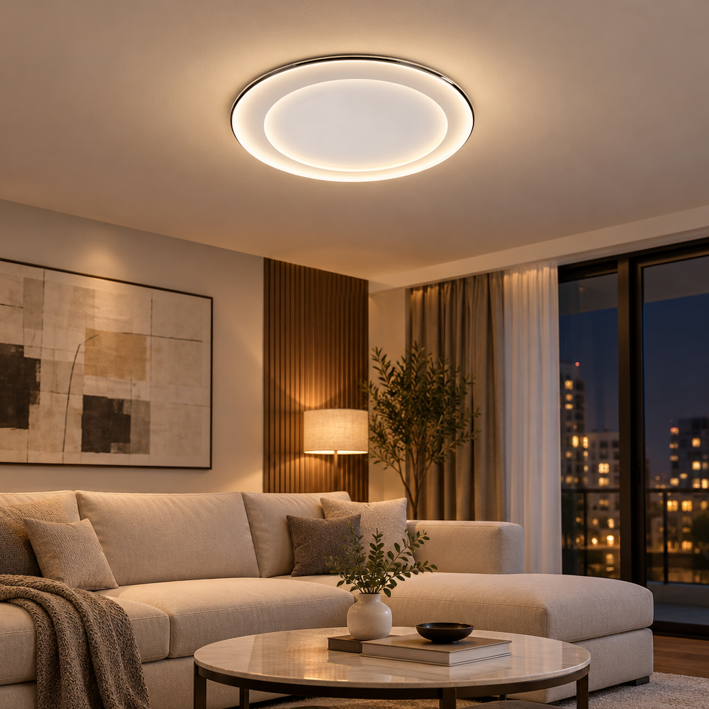 Round LED flush mount ceiling light on a living room ceiling