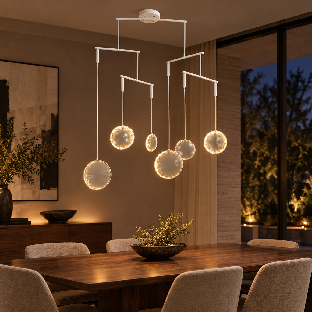 White bubble focus LED chandelier with hanging discs above a dining table in a modern dining room