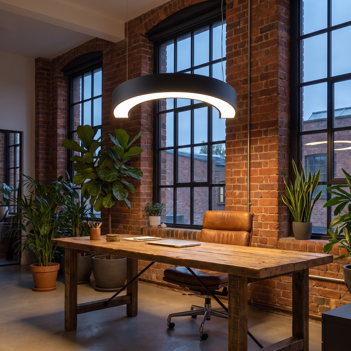 Arca C-shaped LED pendant light hangs over a wooden desk in an industrial loft home office