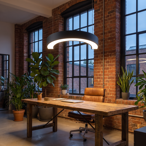 Arca C-shaped LED pendant light hangs over a wooden desk in an industrial loft home office