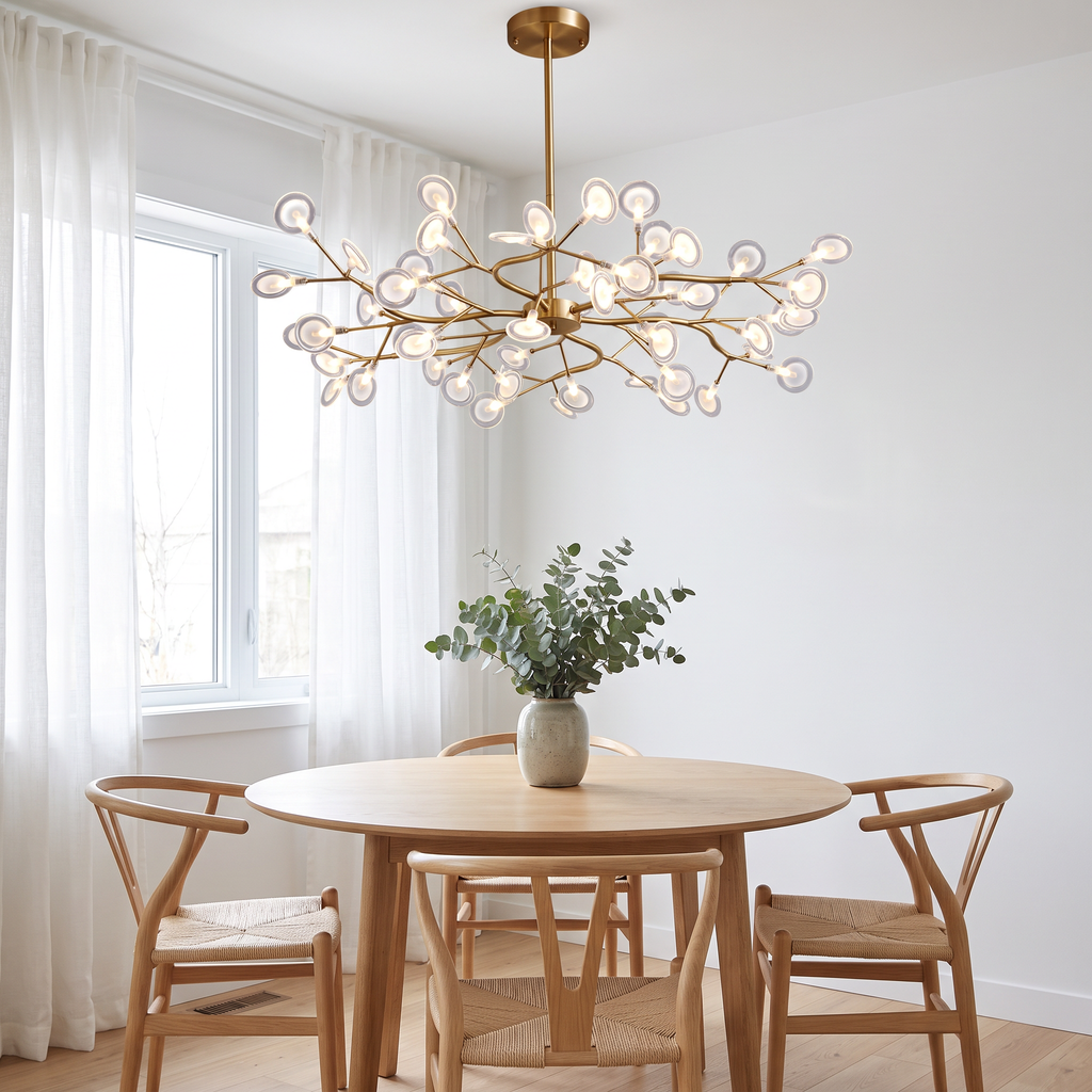 Lumi firefly LED pendant light hangs over a round oak table in a bright Scandinavian breakfast nook