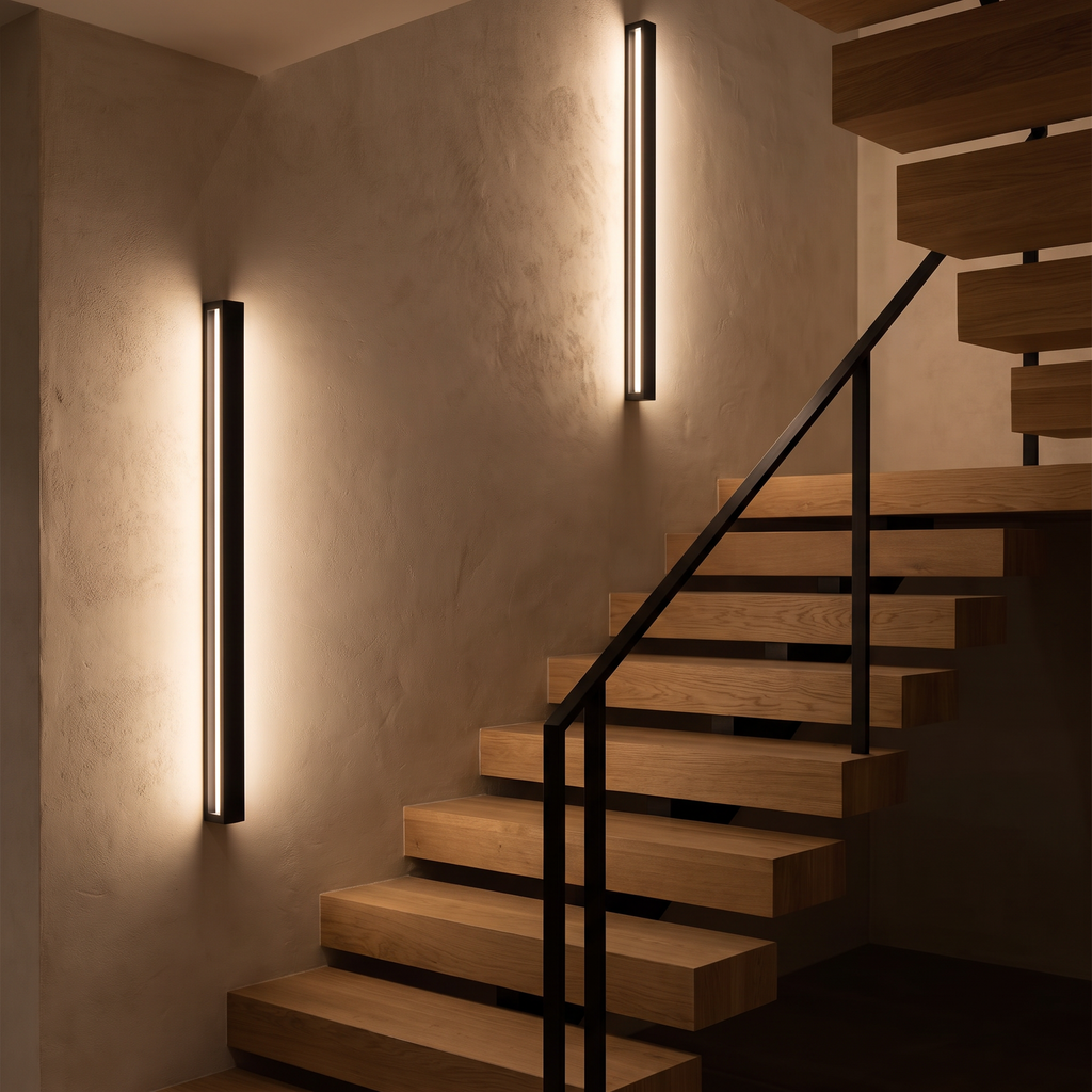 Linden long vertical black linear LED wall sconce mounted beside a round bathroom vanity mirror on dark green zellige tiles