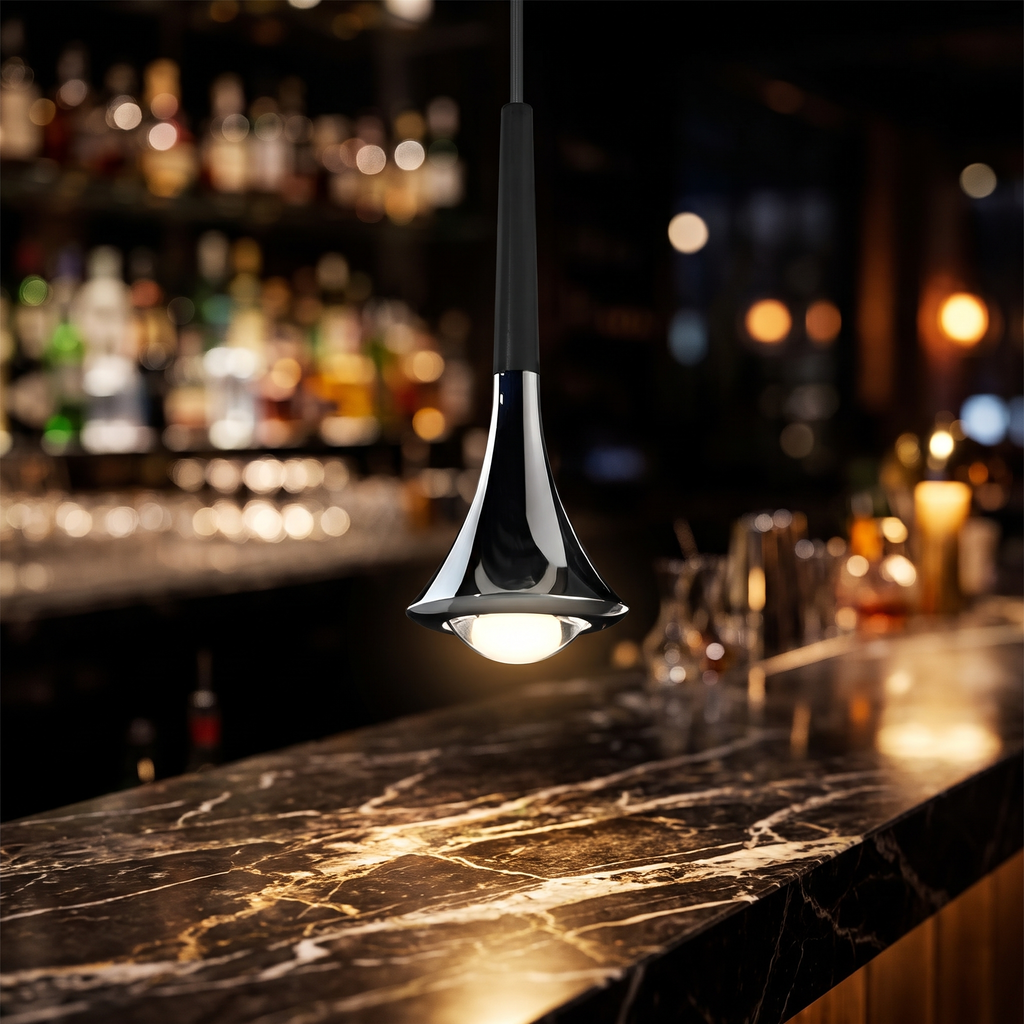 Drop mini teardrop pendant light close-up detail lit up