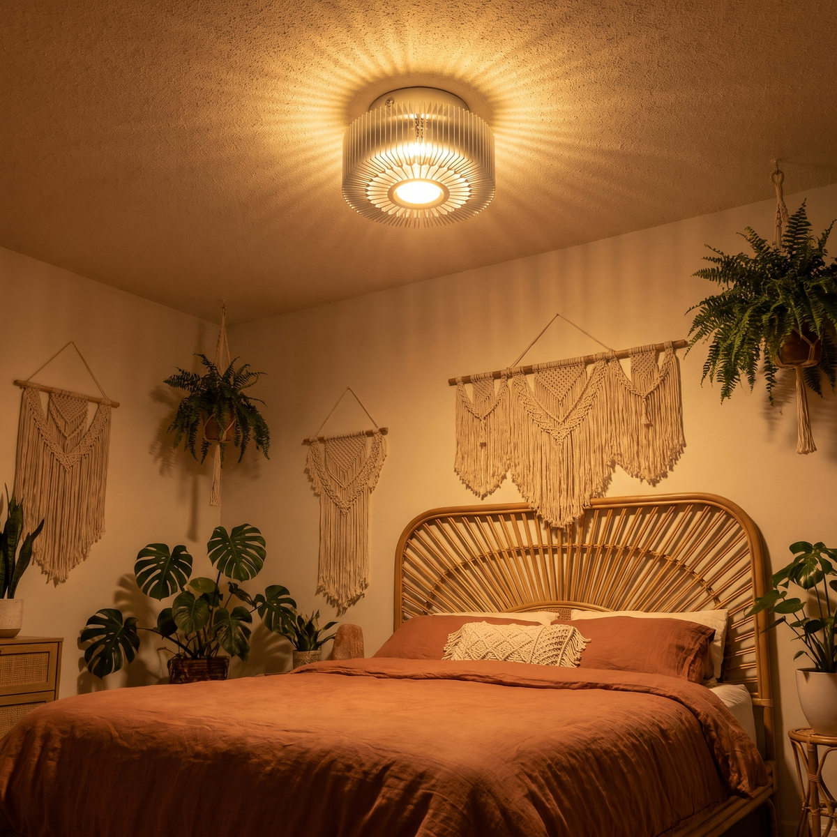 Soleil sunburst LED ceiling light mounted on the ceiling of a boho bedroom with a rattan headboard