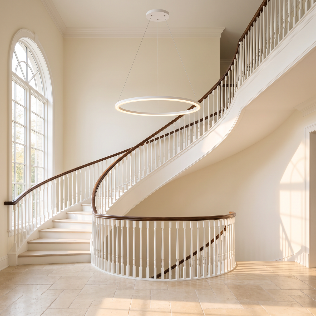 Halo LED ring chandelier hangs in a bright double-height entryway foyer with a sweeping white curved staircase