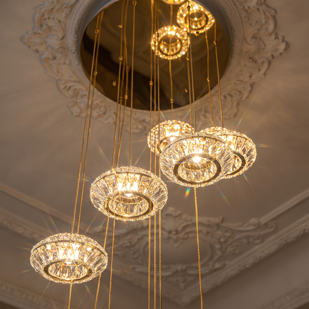 Milano Italian crystal chandelier close-up detail lit up