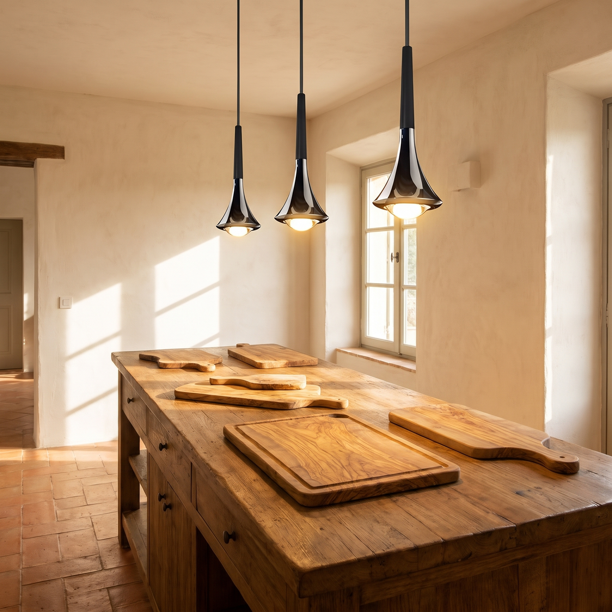 Drop mini teardrop pendant light three of them hang in a row over a kitchen island in a warm Mediterranean kitchen with terracotta floor tiles