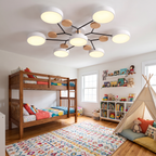 Pixie kids sputnik flower LED ceiling chandelier mounted on the ceiling of a cheerful kids bedroom with a wooden bunk bed