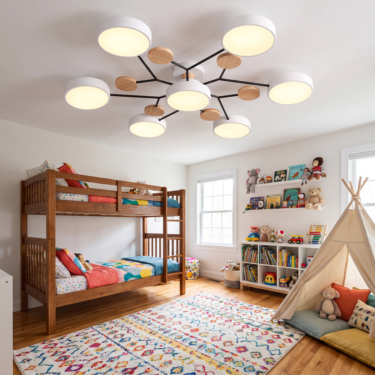 Pixie kids sputnik flower LED ceiling chandelier mounted on the ceiling of a cheerful kids bedroom with a wooden bunk bed
