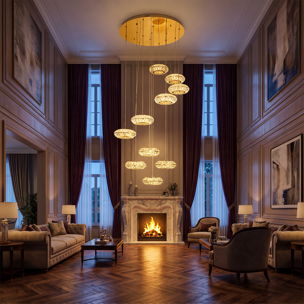 Milano Italian crystal chandelier hangs in a grand two-story living room with a carved marble fireplace