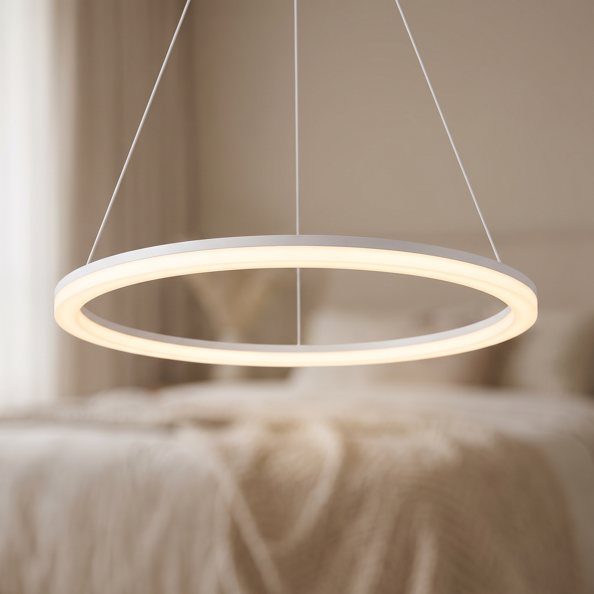 Halo LED ring chandelier close-up detail lit up