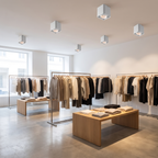 Cubo square surface-mount LED spotlight several are mounted on the ceiling of a minimalist clothing boutique with garment rails