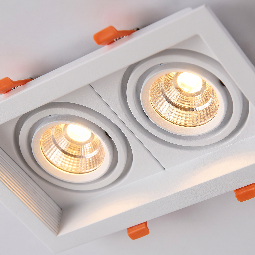 Twin rectangular double-head recessed spotlight close-up detail lit up