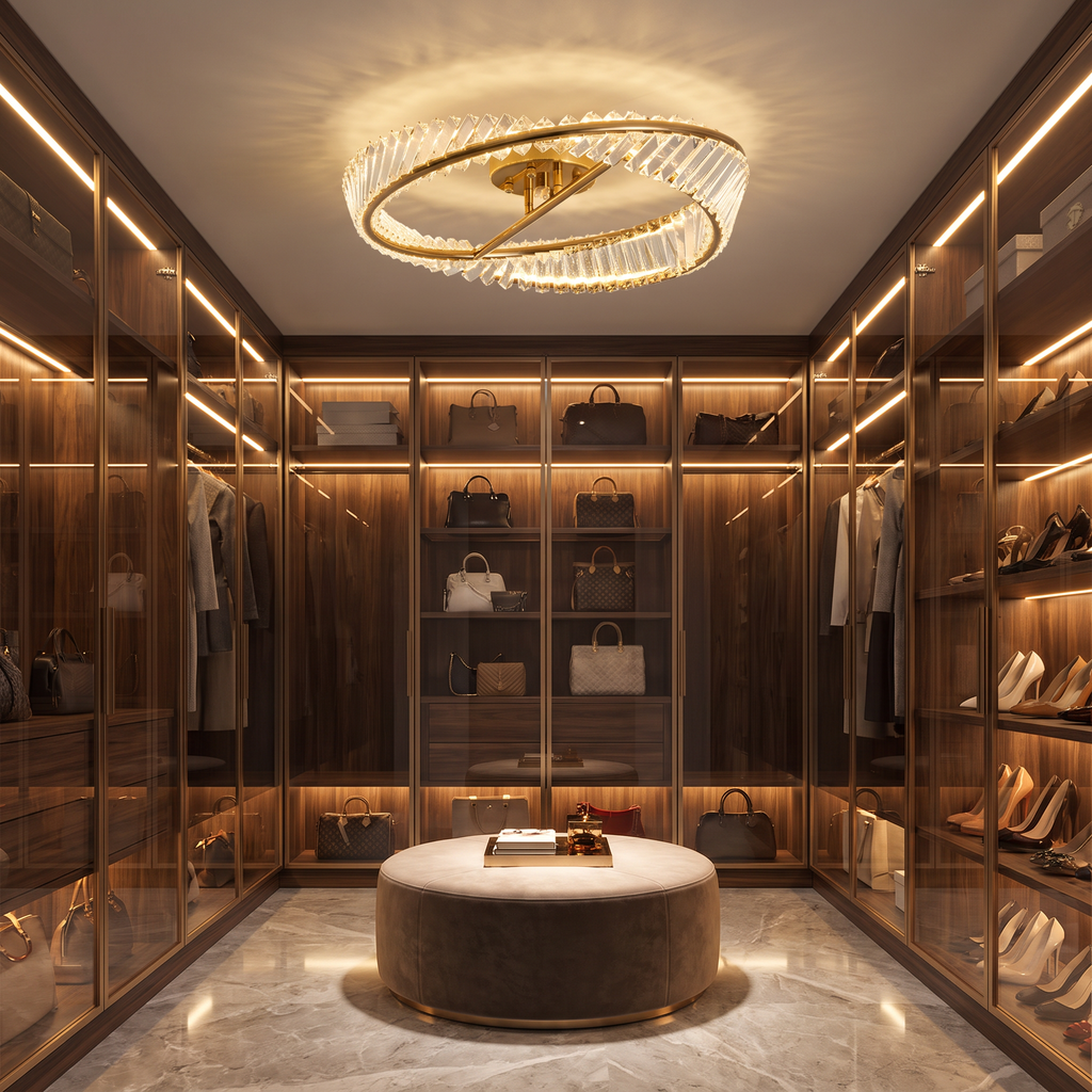 Mobius gold crystal ring flush mount ceiling light mounted on the ceiling of a luxurious walk-in closet dressing room with glass cabinets