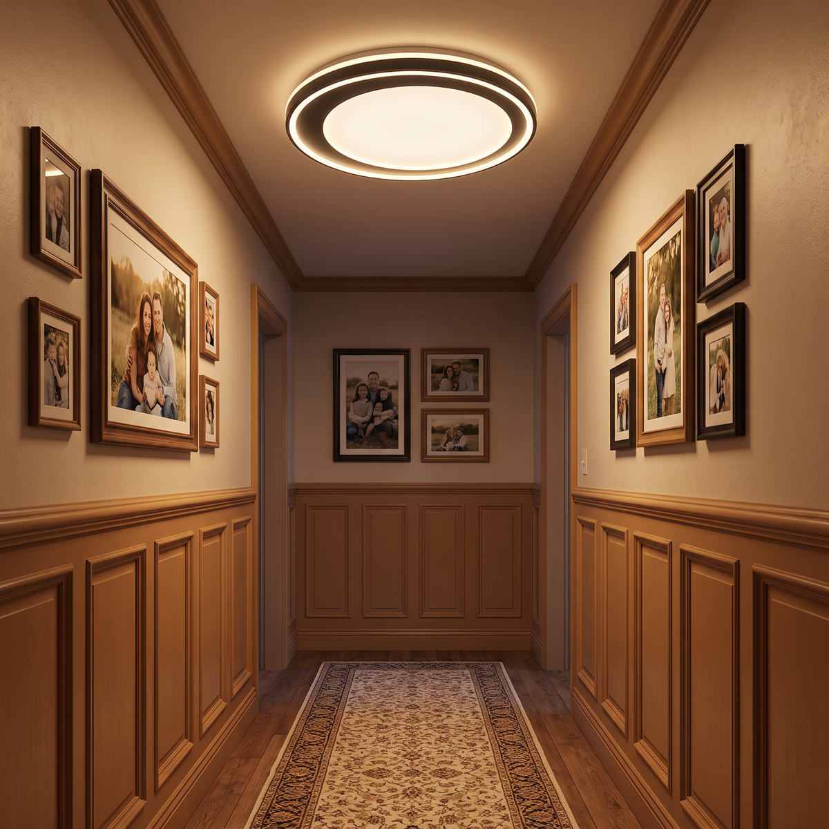 Calma round LED flush mount ceiling light mounted on the ceiling of a cozy hallway with wainscoting