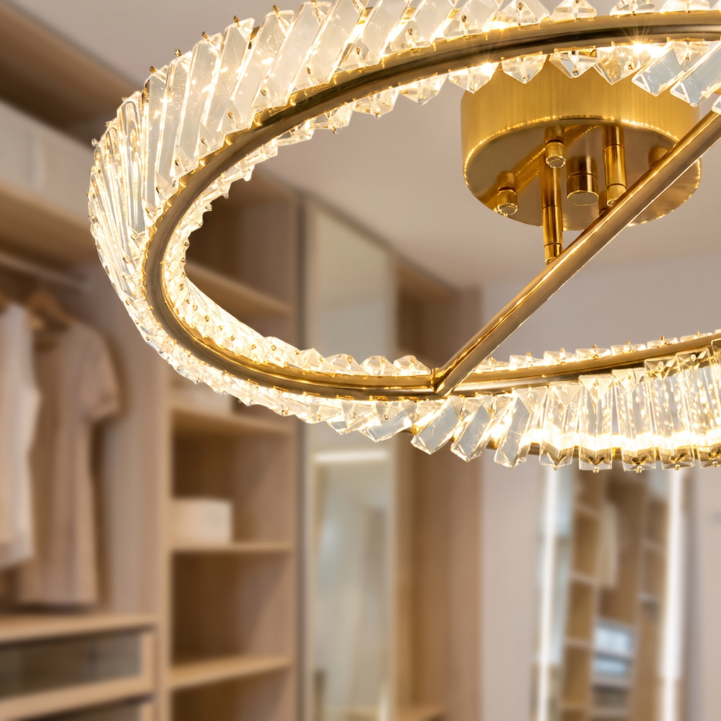 Mobius gold crystal ring flush mount ceiling light close-up detail lit up