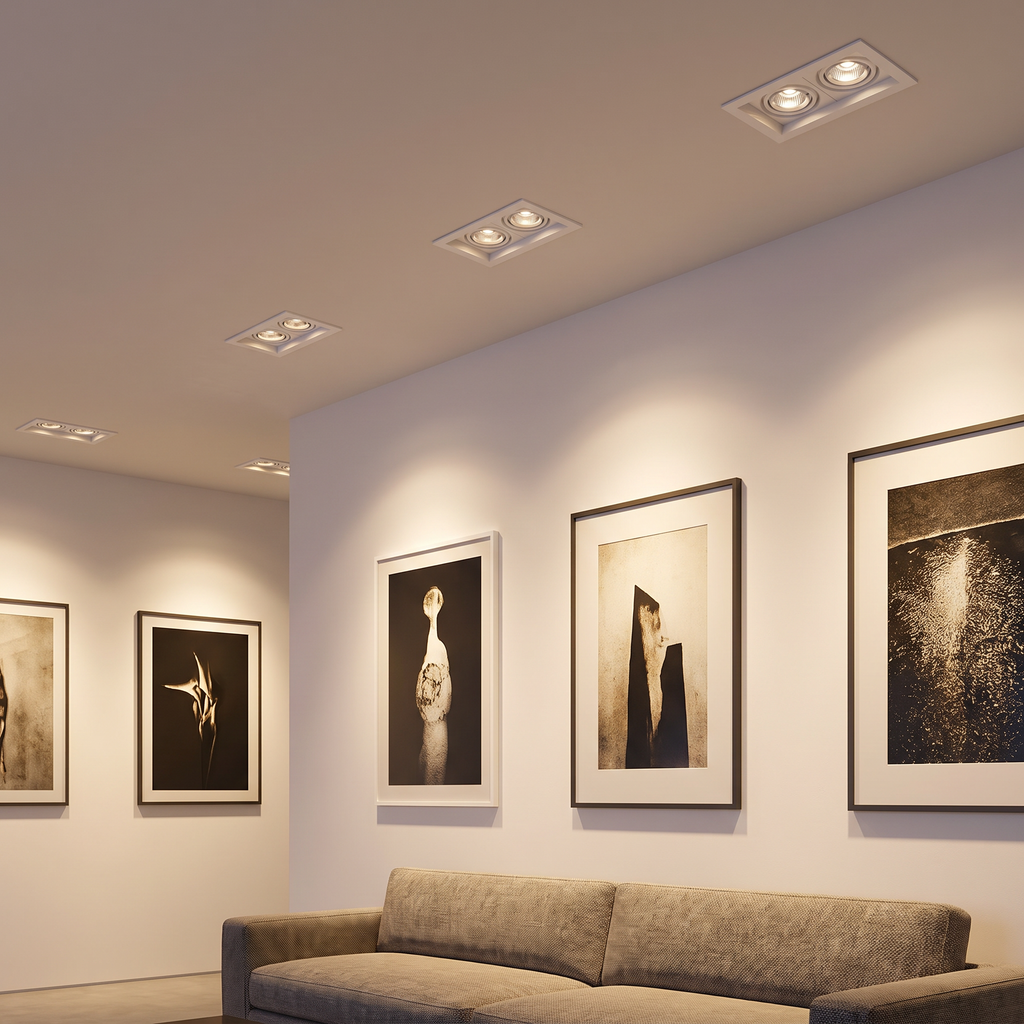 Twin rectangular double-head recessed spotlight several are recessed in the ceiling of a modern living room