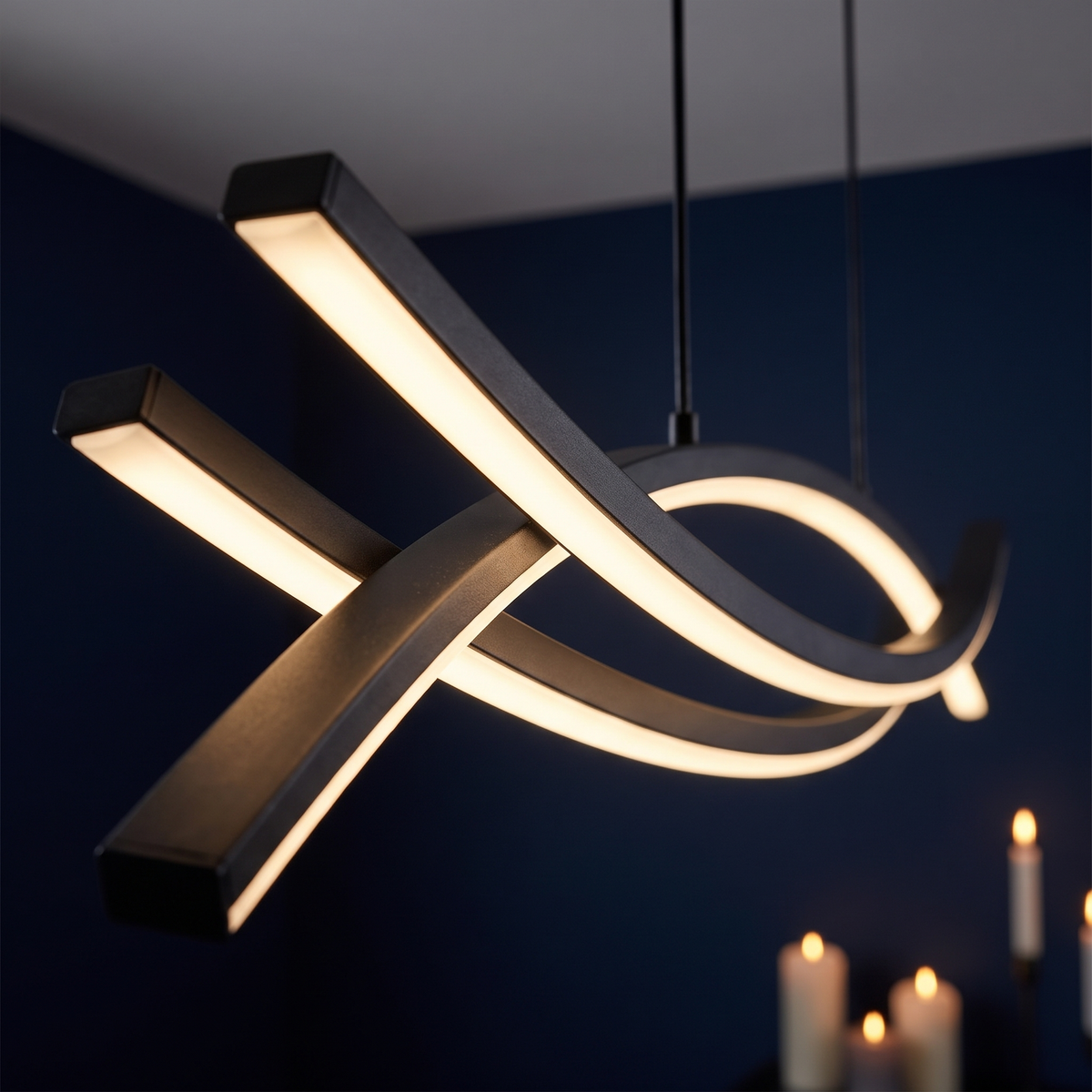 Marea wavy LED pendant light close-up detail lit up