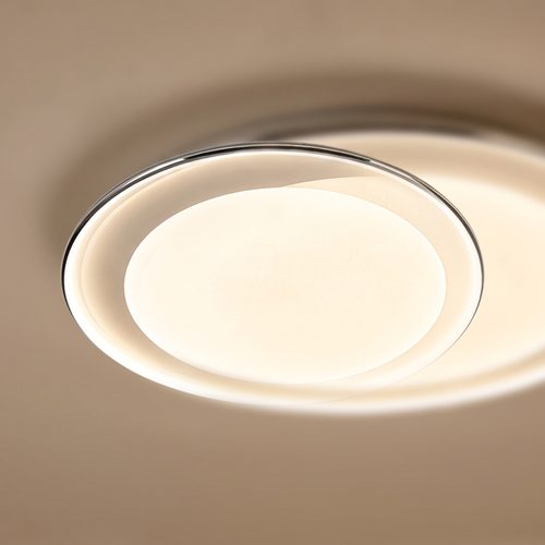 Calma round LED flush mount ceiling light close-up detail lit up