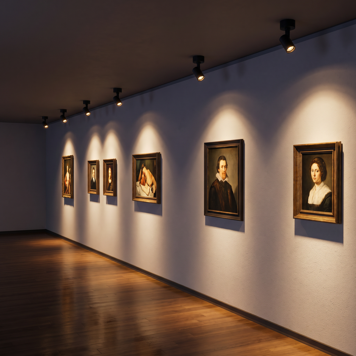 Focus surface-mount narrow-beam LED spotlight a row of them mounted on the ceiling of a gallery hallway