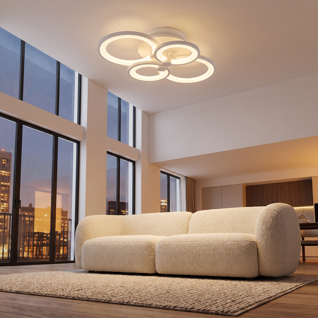 Ripple overlapping rings LED ceiling light mounted on the high ceiling of an open-plan living room with a cream boucle sofa and big windows