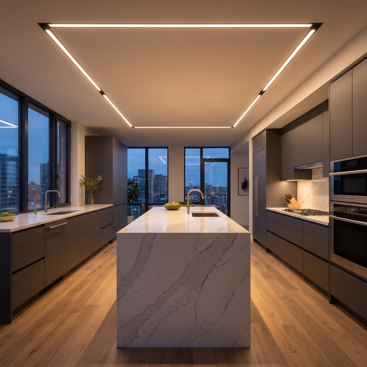 Channel recessed LED strip light lines are recessed in the ceiling of a sleek modern kitchen with handleless grey cabinets and a quartz island