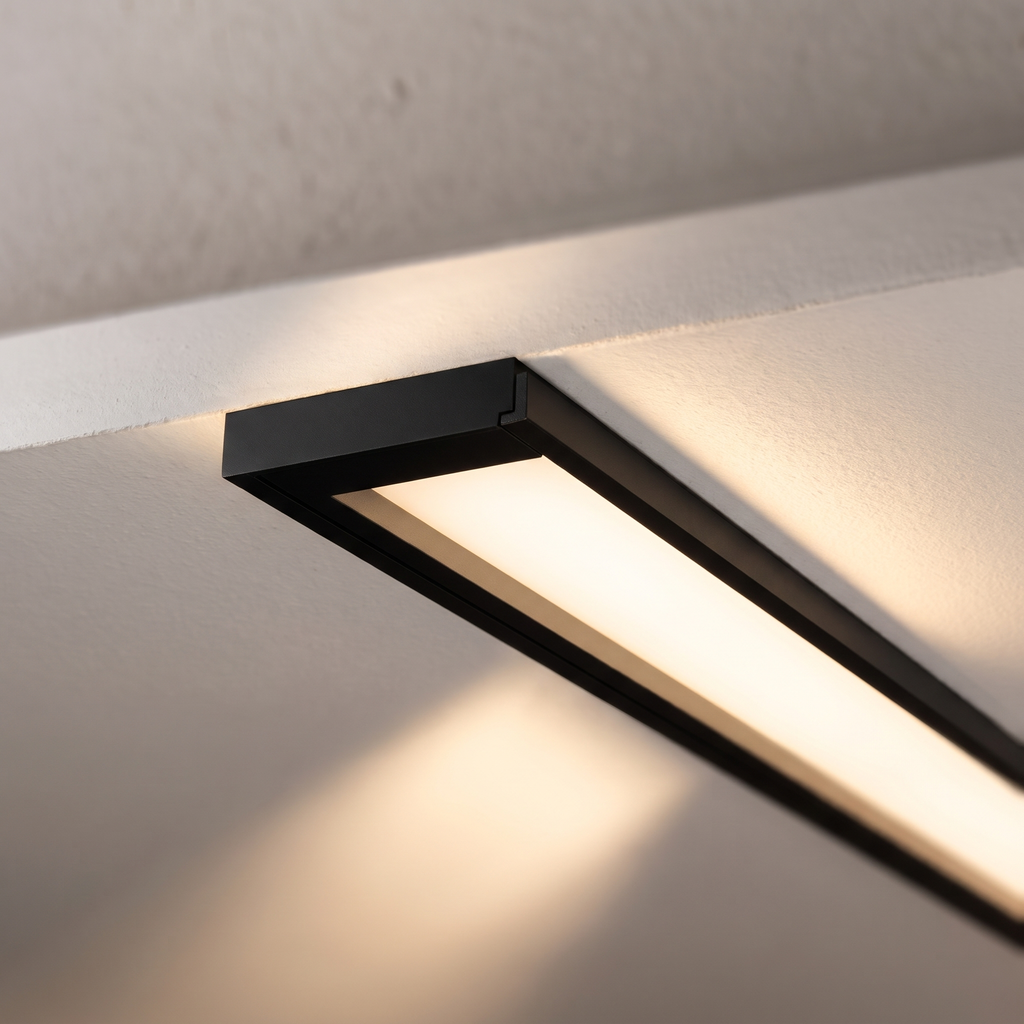 Channel recessed LED strip light close-up detail lit up