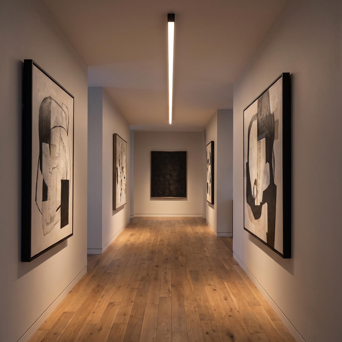 Stria linear LED bar flush mount ceiling light mounted along the ceiling of a long modern corridor with oak floors and artwork