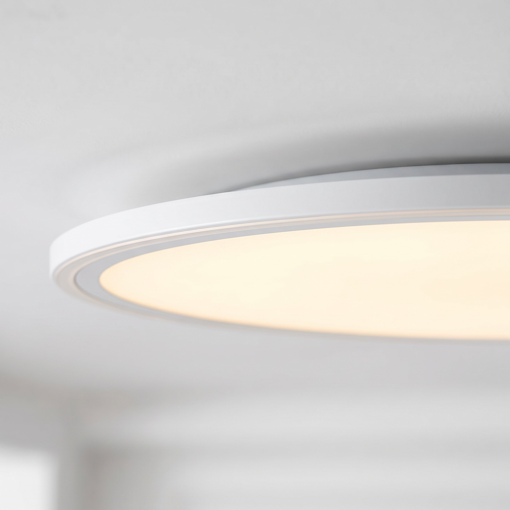 Disc ultra-thin round LED ceiling panel light close-up detail lit up