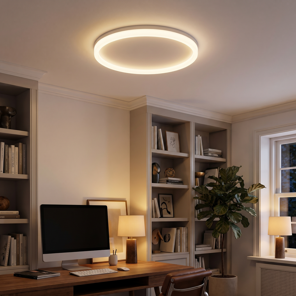 Circa circle acrylic LED flush mount ceiling light mounted on the ceiling of a stylish home office with a desk