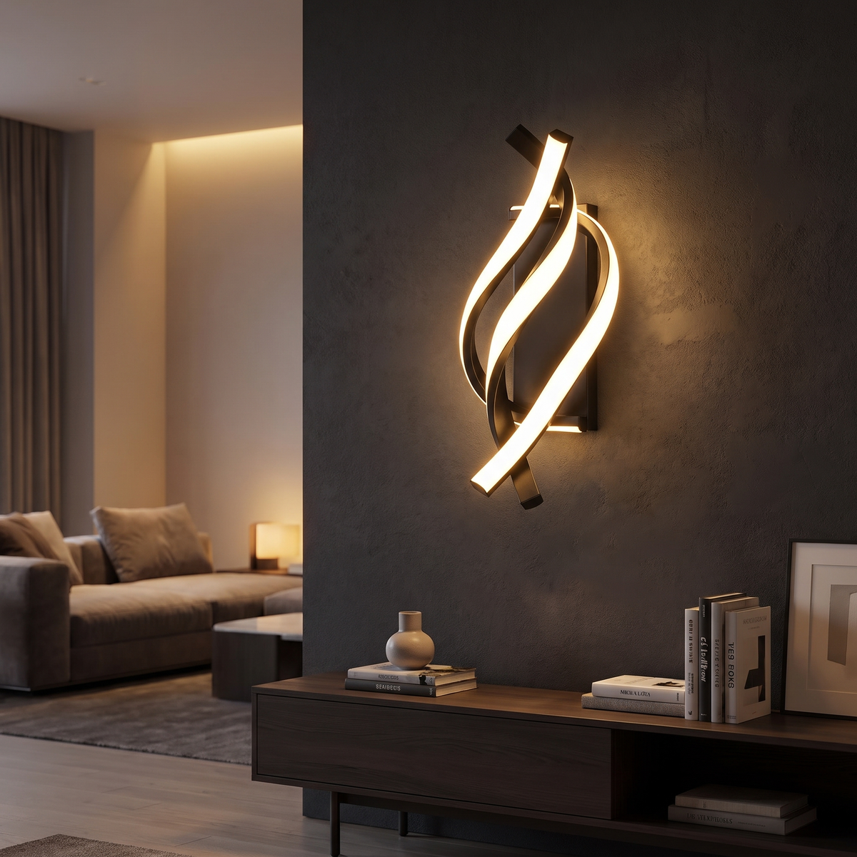 Coil spiral LED wall sconce mounted on a dark charcoal accent wall above a low console in a modern living room