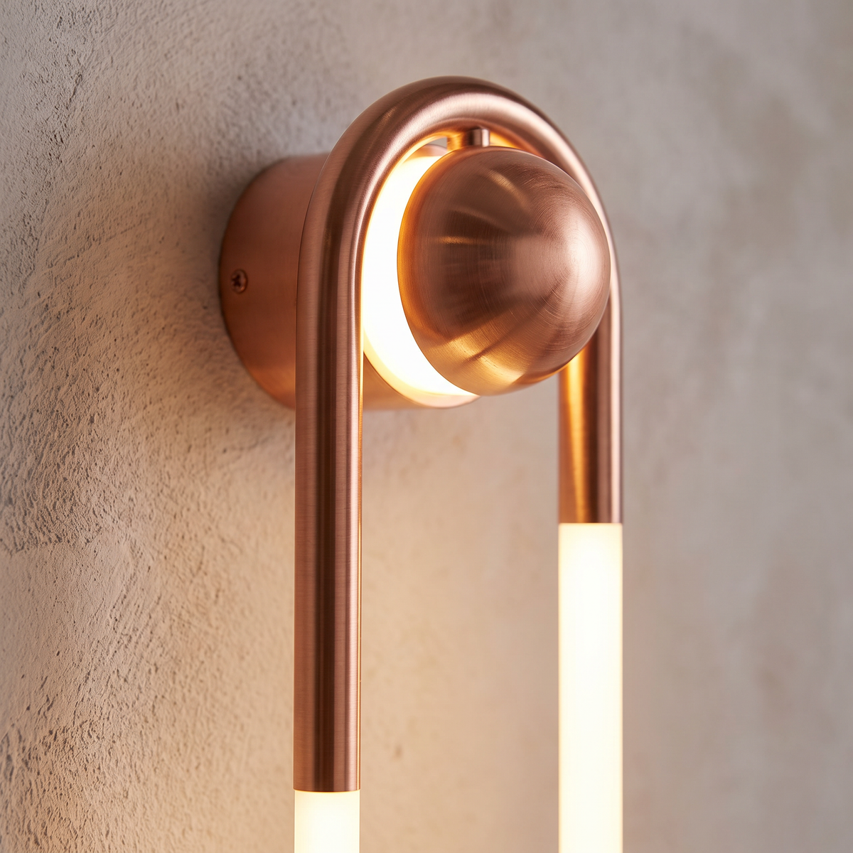 Coppa copper LED wall sconce close-up detail lit up