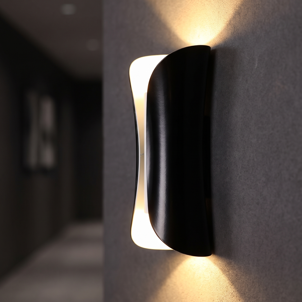 Beam up-and-down LED wall light close-up detail lit up