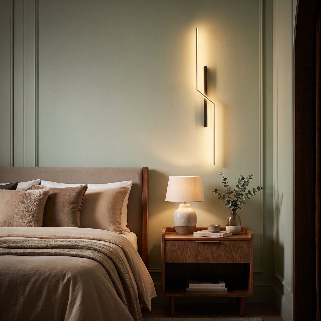 Lyre gold linear line-art LED wall sconce mounted on a soft sage-green wall above a nightstand in an elegant bedroom