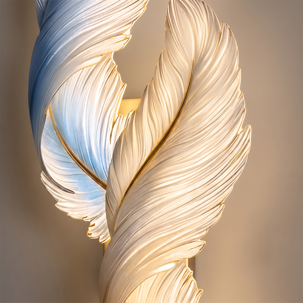 Plumage backlit feather LED wall decor light close-up detail lit up
