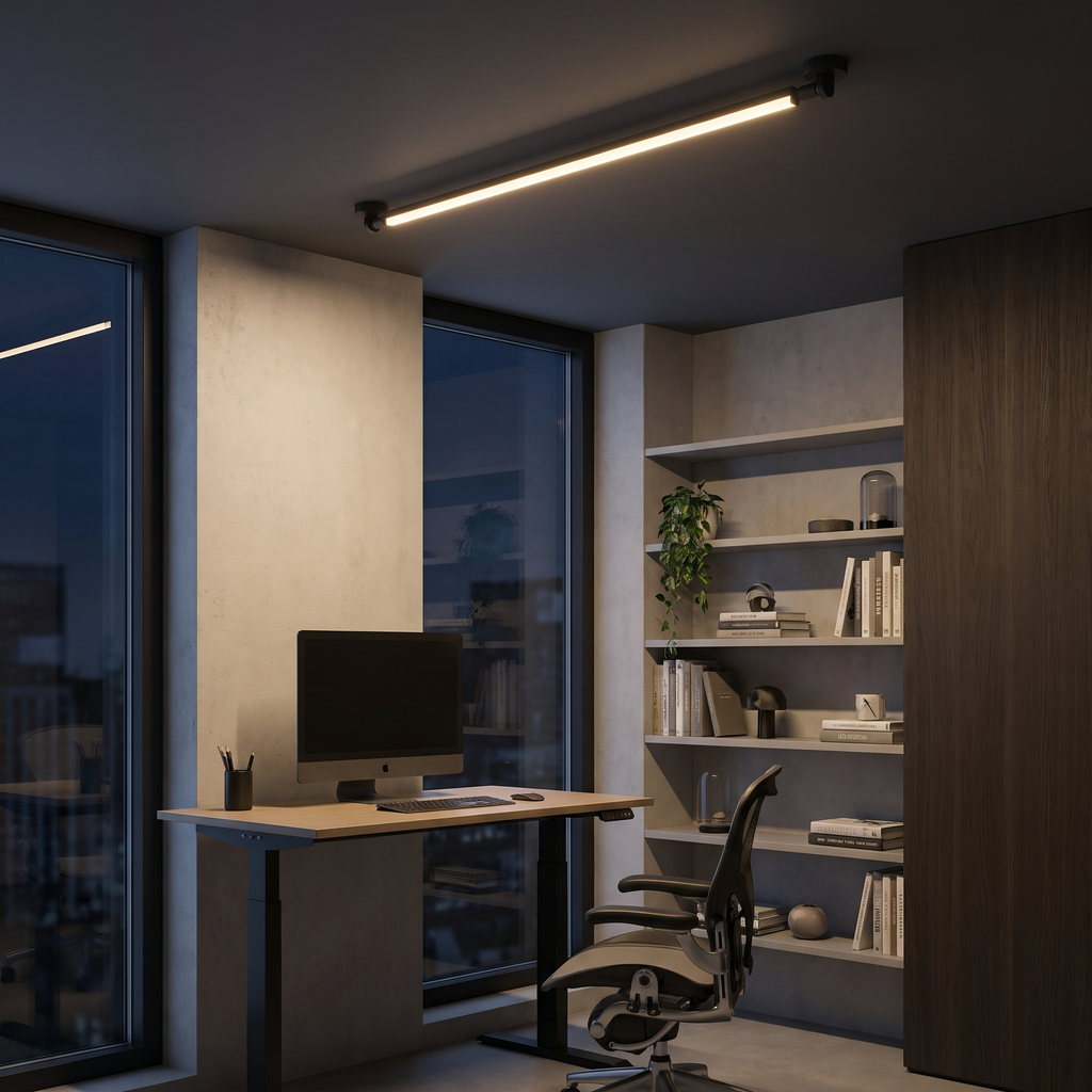 Linea rotatable linear LED light mounted on the ceiling of a minimalist home office with a standing desk and shelving