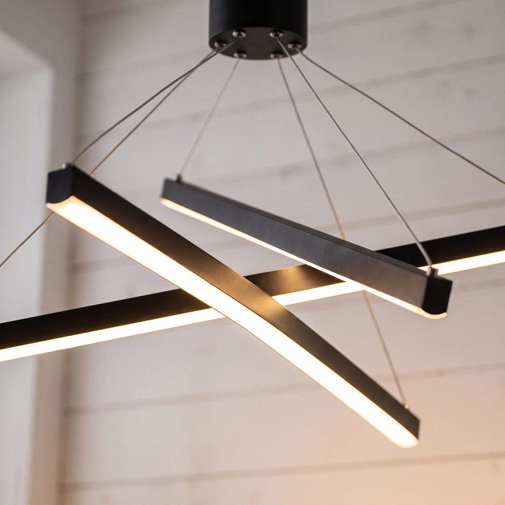 Criss crossed-bar linear LED chandelier close-up detail lit up