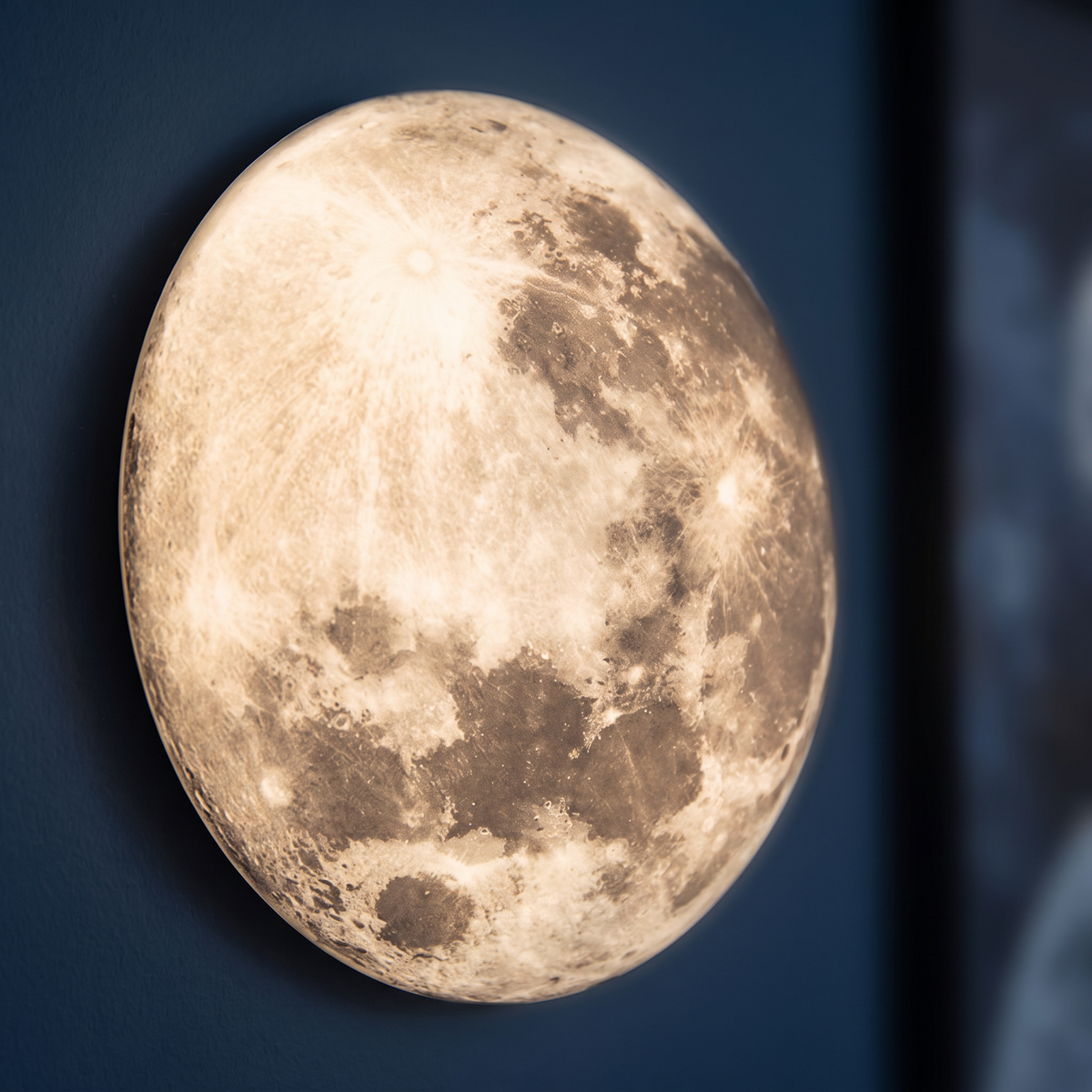 Luna moon LED wall lamp close-up detail lit up