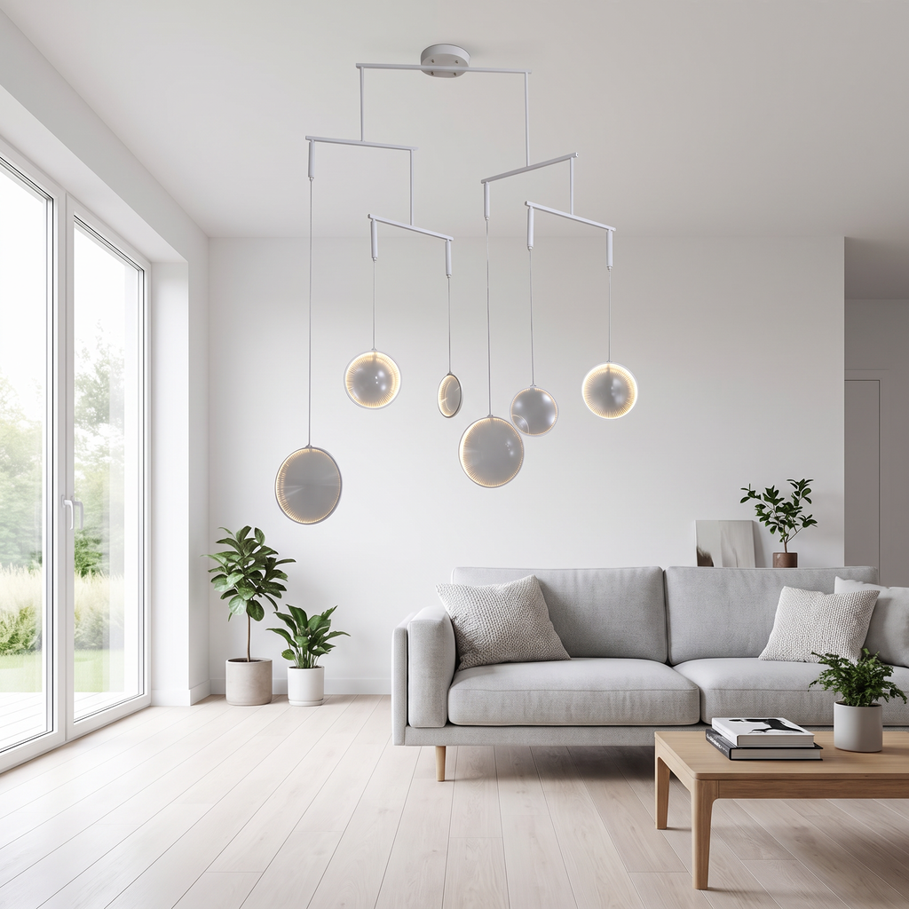 Bubble white ring LED chandelier with floating rings hangs in a bright minimalist Scandinavian living room with a light grey sofa
