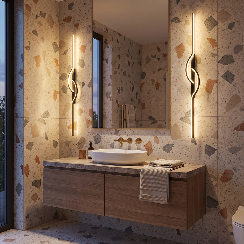 Ardent linear LED wall sconce a pair mounted on each side of a rectangular mirror above a floating vanity in a modern bathroom with terrazzo tiles