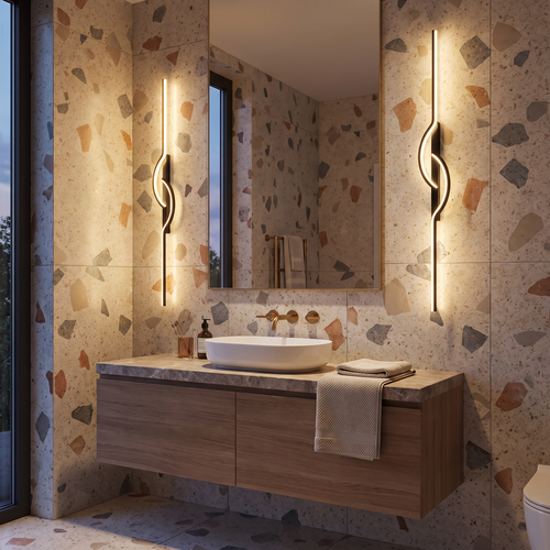 Ardent linear LED wall sconce a pair mounted on each side of a rectangular mirror above a floating vanity in a modern bathroom with terrazzo tiles