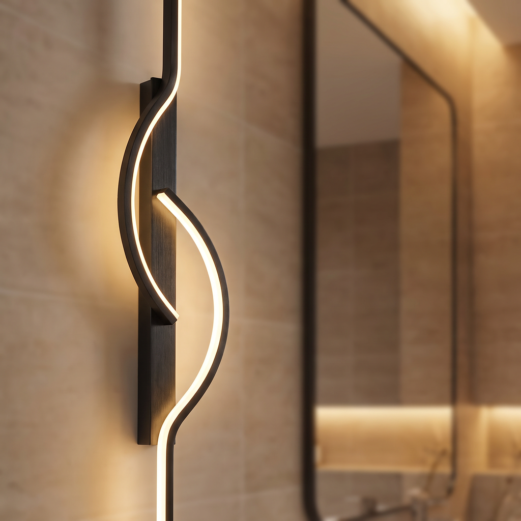 Ardent linear LED wall sconce close-up detail lit up