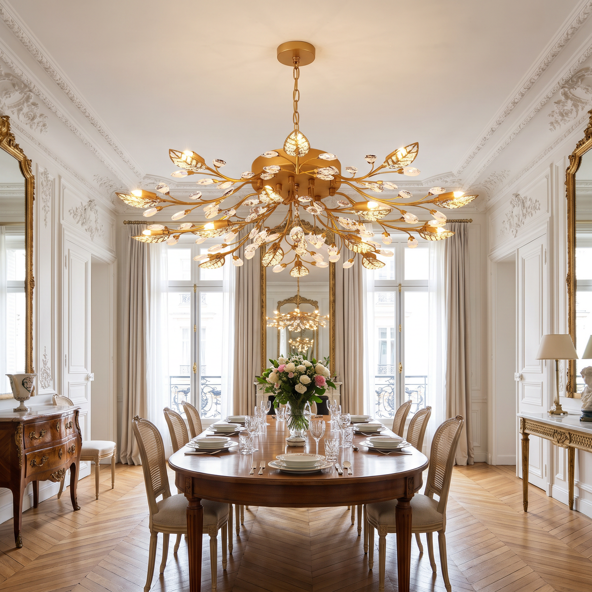 Fiora brass branch crystal chandelier with leaves hangs over a dining table in an elegant Parisian apartment with herringbone floors