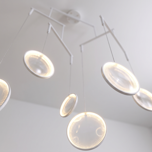 Bubble white ring LED chandelier with floating rings close-up detail lit up