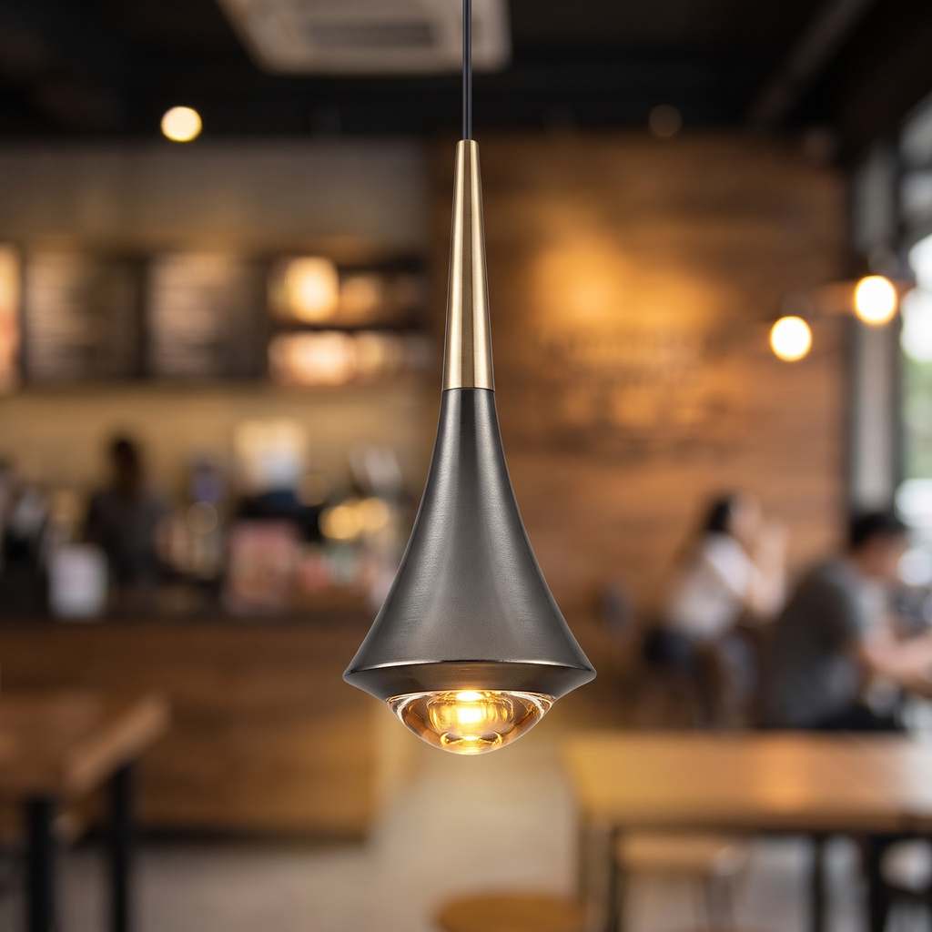 Cono mini cone pendant light close-up detail lit up
