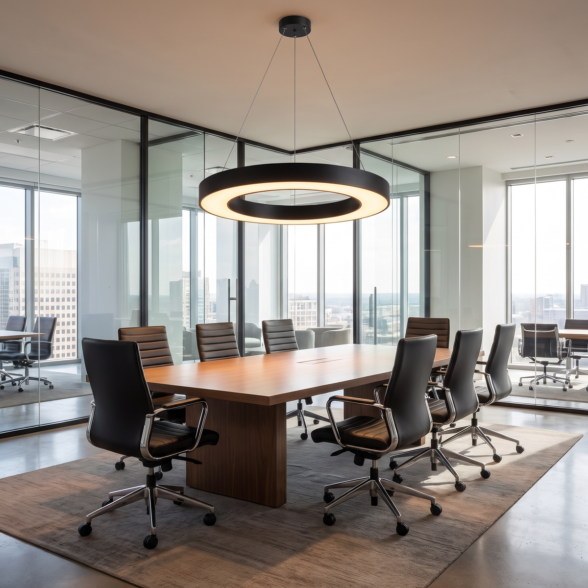 Orbis LED ring pendant light hangs over a meeting table in a modern conference room with glass walls and ergonomic chairs