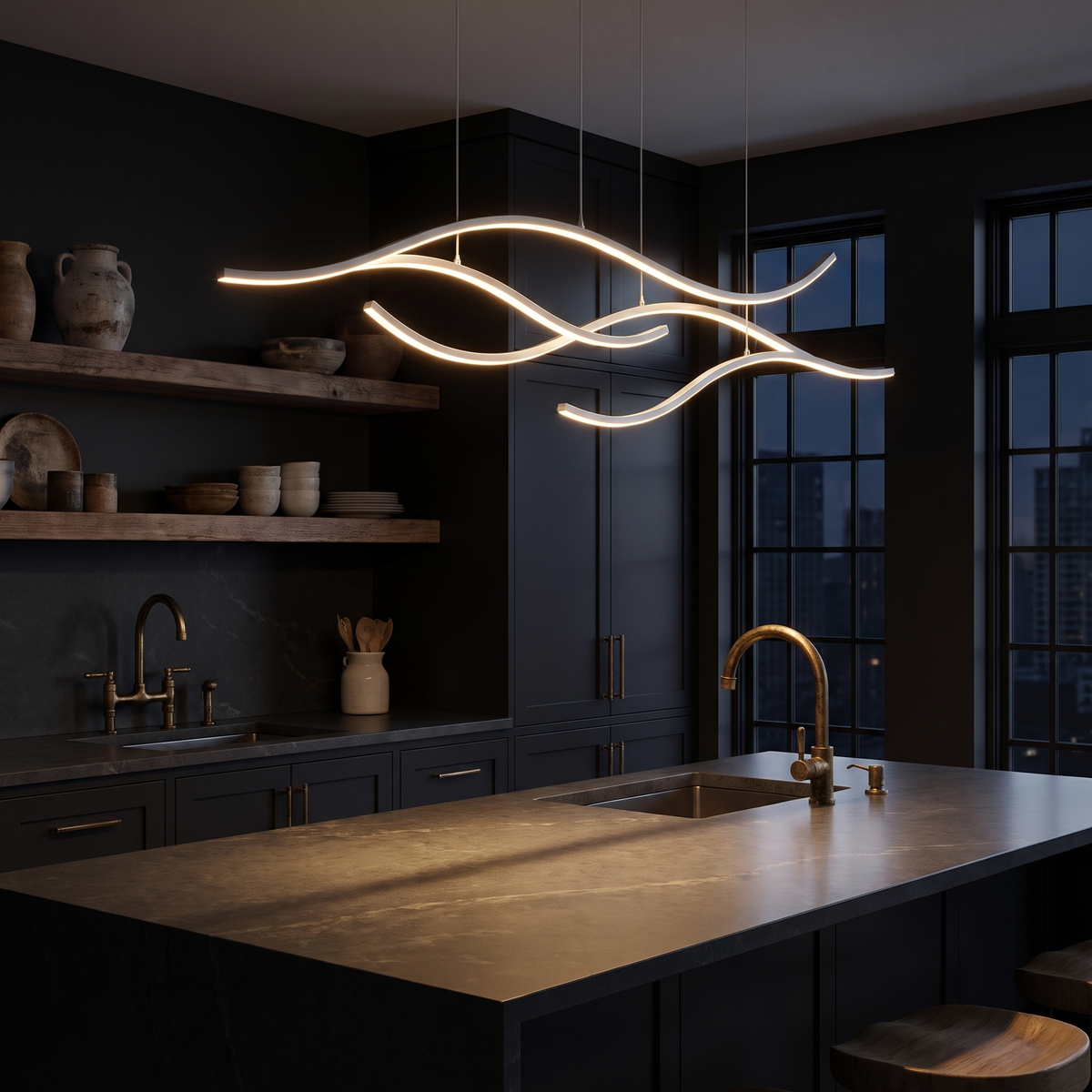 Onda wavy LED linear pendant light hangs over a kitchen island in a dark moody kitchen